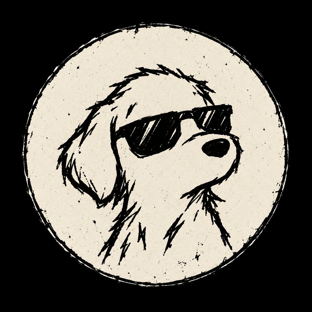 Hand-drawn dog mascot wearing sunglasses